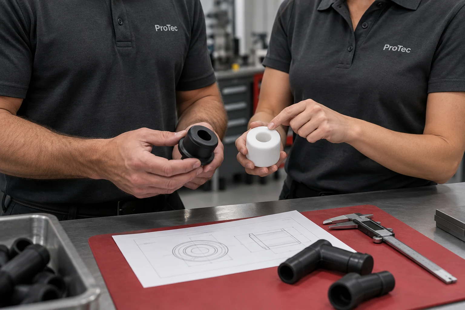 Development visualisation of technicians reviewing physical prototypes and a component drawing