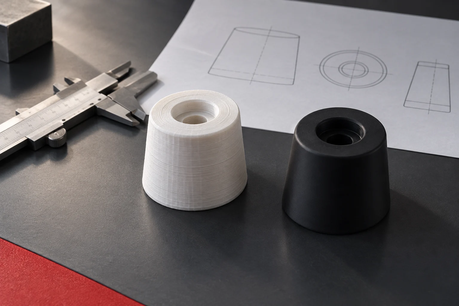 Component prototype, technical drawing and measuring caliper