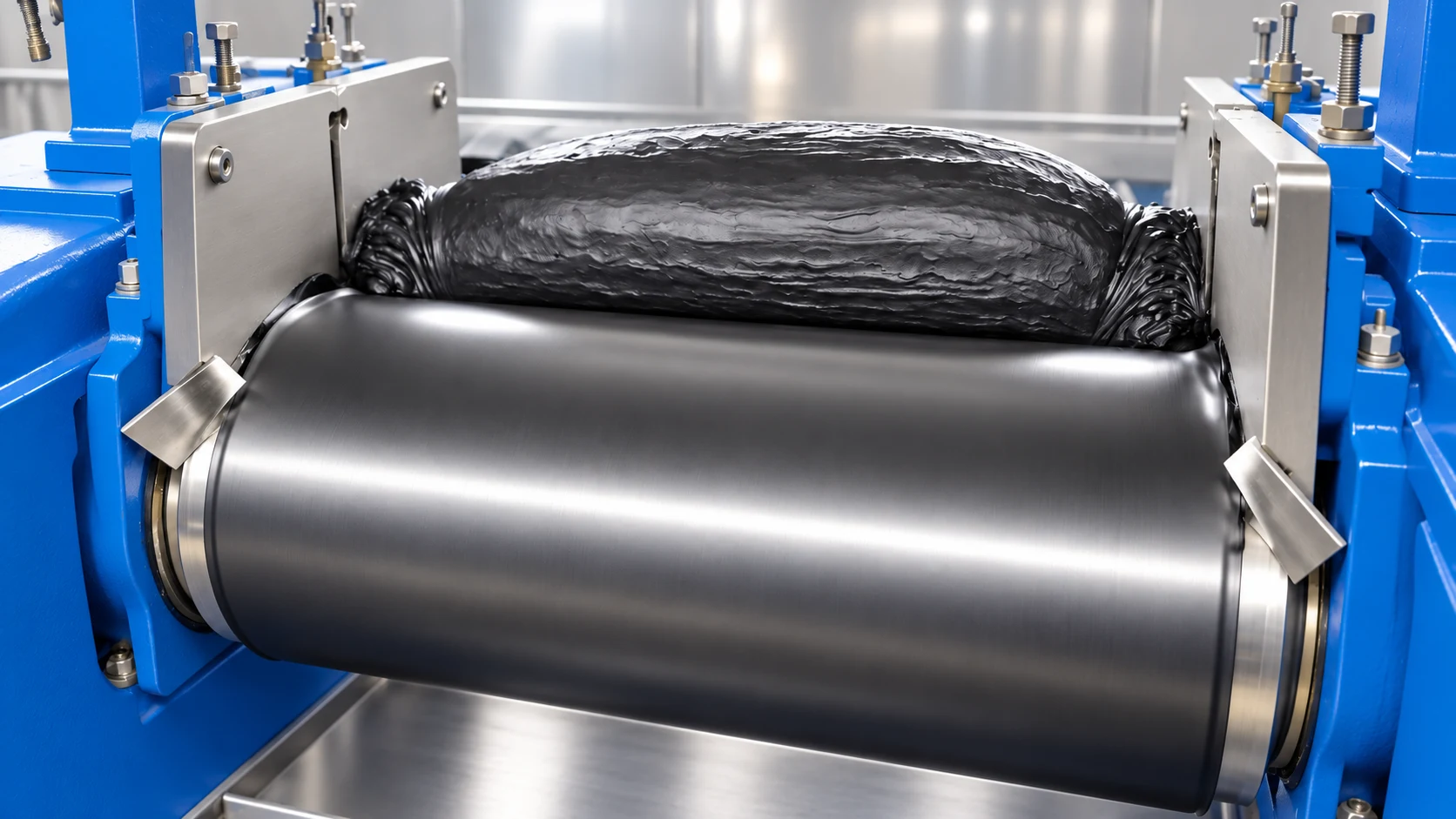 Clean blue rubber mixing mill processing black compound