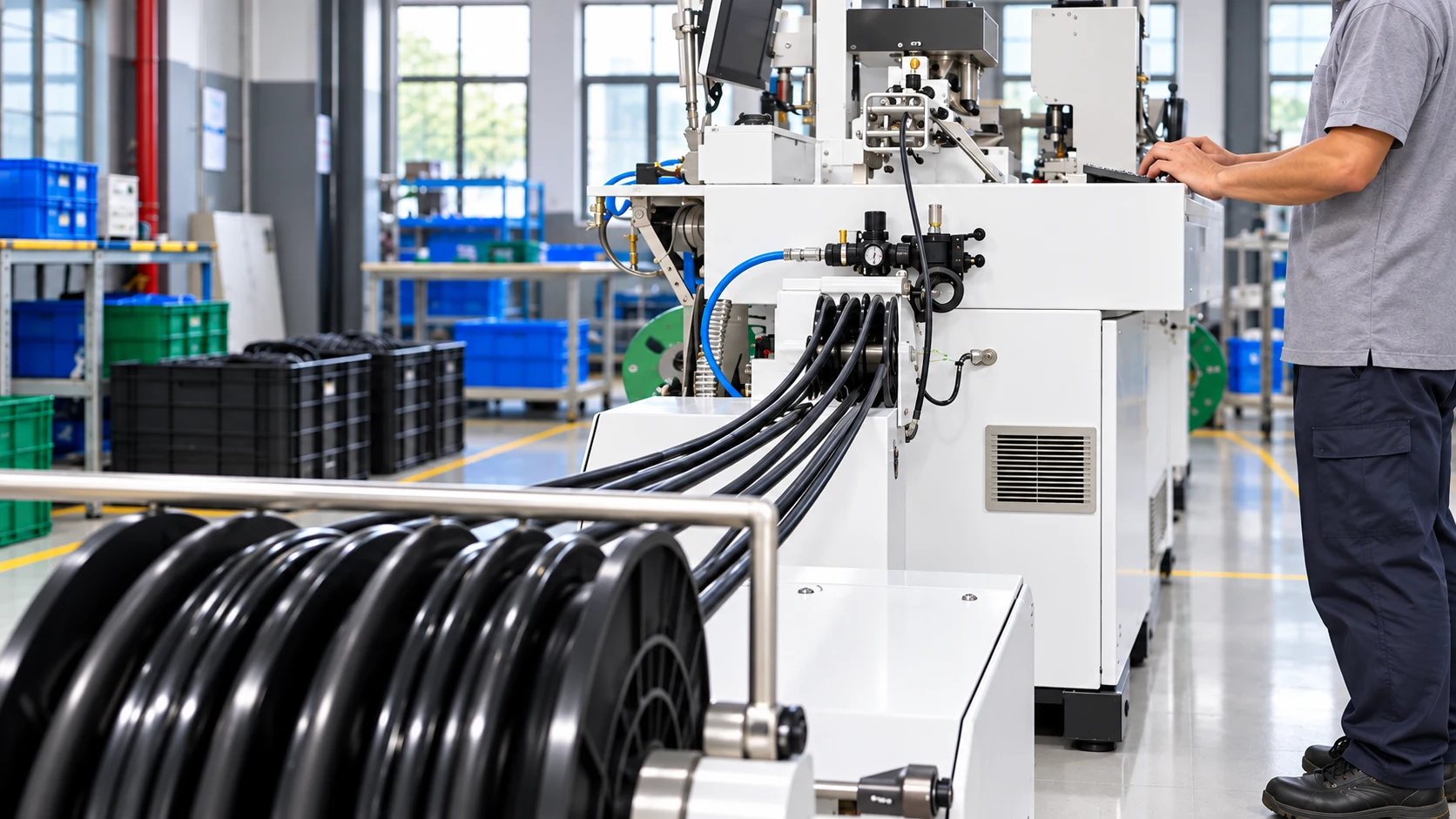 Clean wire-processing line with cropped operator